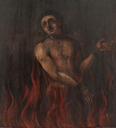 Zdjęcie nr 1: Obraz w formie stojącego prostokąta z fantazyjnym zwieńczeniem. W centrum kompozycji ukazany w półpostaci nagi mężczyzna, ustawiony frontalnie, wśród płomieni, z głową odchyloną w swoją prawą stronę i delikatnie uniesioną do góry, ze skutymi kajdanami rękami, zwróconymi w lewą stronę. W górnej części obrazu oko Opatrzności. Tło ciemne. Wzdłuż dolnej krawędzi, na białym tle napis: „ZMIŁUJCIE SIĘ NADEMNĄ ABY / WŻDY WY PRZYJACIELE MOI…”.