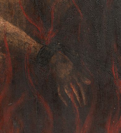 Zdjęcie nr 4: Obraz w formie stojącego prostokąta z fantazyjnym zwieńczeniem. W centrum kompozycji ukazany w półpostaci nagi mężczyzna, ustawiony frontalnie, wśród płomieni, z głową odchyloną w swoją prawą stronę i delikatnie uniesioną do góry, ze skutymi kajdanami rękami, zwróconymi w lewą stronę. W górnej części obrazu oko Opatrzności. Tło ciemne. Wzdłuż dolnej krawędzi, na białym tle napis: „ZMIŁUJCIE SIĘ NADEMNĄ ABY / WŻDY WY PRZYJACIELE MOI…”.