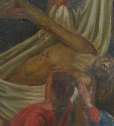 Zdjęcie nr 3: Obraz w kształcie stojącego prostokąta, zamkniętego łukiem półkolistym. Ukazuje scenę Zdjęcia z krzyża. Z usytuowanego w górnej partii obrazu krzyża trzej stojący na drabinach mężczyźni za pomocą białych płócien ściągają martwe ciało Chrystusa, które podtrzymują stojący pod krzyżem Matka Boska, św. Jan, Maria Magdalena oraz inna kobieta. Ciało Chrystusa bezwładnie opada na lewy bok. Matka Boska odziana jest w niebieską szatę, św. Jan w czerwoną, św. Maria Magdalena w białą suknię i ugrowy płaszcz, pozostałe osoby w szaty ugrowe i białe. Kolorystyka obrazu utrzymana jest w ugrach i szarościach. Tło jednolite, ciemne. Rama drewniana, złocona, obficie dekorowana girlandami kwiatowymi.