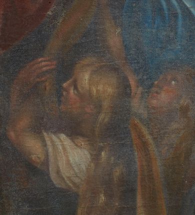 Zdjęcie nr 4: Obraz w kształcie stojącego prostokąta, zamkniętego łukiem półkolistym. Ukazuje scenę Zdjęcia z krzyża. Z usytuowanego w górnej partii obrazu krzyża trzej stojący na drabinach mężczyźni za pomocą białych płócien ściągają martwe ciało Chrystusa, które podtrzymują stojący pod krzyżem Matka Boska, św. Jan, Maria Magdalena oraz inna kobieta. Ciało Chrystusa bezwładnie opada na lewy bok. Matka Boska odziana jest w niebieską szatę, św. Jan w czerwoną, św. Maria Magdalena w białą suknię i ugrowy płaszcz, pozostałe osoby w szaty ugrowe i białe. Kolorystyka obrazu utrzymana jest w ugrach i szarościach. Tło jednolite, ciemne. Rama drewniana, złocona, obficie dekorowana girlandami kwiatowymi.