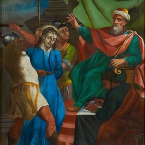 Zdjęcie nr 1: Obrazy w kształcie stojących prostokątów. W zwieńczeniu obwiedzionym czarnym konturem prosty, łaciński krzyżyk osadzony na wolutowym szczycie z malowanymi na czarno numerami stacji, umieszczonymi w okrągłych polach. Sceny Męki Pańskiej umiejscowione na tle sumarycznie ukazanego ciemnego krajobrazu, wielofigurowe z postacią Chrystusa w centrum. Chrystus przedstawiony jest w długiej i niebieskiej sukni. Kolorystyka ciemna, stonowana z dominacją czerwieni i niebieskiej sukni Chrystusa, plan dalszy rozmyty. Na stacjach z Gologoty na titulusie napis: „I(ESUS) N(AZARENUS) / R(EX) I(UDEAORUM)”. Rama drewniana, profilowana.
