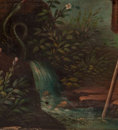 Zdjęcie nr 9: Feretron dwustronny z obrazami o kształcie stojącego prostokąta zamkniętego łukiem ostrym: Matki Boskiej Różańcowej ze świętymi dominikańskimi oraz św. Jana Chrzciciela ustawiony na niskiej podstawie oraz prostopadłościennym cokole, zaopatrzonym w otwory na drążki do noszenia. Feretron ujęty po bokach smukłymi, kręconymi kolumienkami, ponad którymi fiale. Zwieńczenie feretronu w formie wimpergi (ostrołukowej arkady wbudowanej w trójkątny przyczółek), z maswerkiem powyżej łuku. Cokół zdobiony rzędem rozetek, natomiast zwieńczenie żabkami. Struktura feretronu malowana w kolorze naturalnego drewna, detale i ornamentyka złocone. Po jednej stronie feretronu znajduje się obraz Matki Boskiej Różańcowej. W centrum Matka Boska, ukazana w pozycji siedzącej na obłoku, delikatnie zwrócona w lewo, z Dzieciątkiem Jezus na kolanach. Ubrana w czerwoną suknię z długimi rękawami, niebieski płaszcz otulający całą postać, spięty na piersi złotą klamrą oraz złoty welon na głowie. Dzieciątko zwrócone w stronę św. Dominika, półnagie, przewiązane białą pieluszką na biodrach, z różańcem w dłoniach. Święty Dominik ukazany na pierwszym planie, po lewej stronie obrazu w pozycji klęczącej, ujęty z prawego profilu, wyciągający dłonie ku górze, w kierunku Dzieciątka. Po prawej stronie obrazu, za obłokiem św. Katarzyna Sieneńska zwrócona w trzech czwartych w prawo, w pozycji stojącej, z koroną cierniową na głowie i dłońmi złożonymi na wysokości piersi, w których trzyma różaniec. Święci ubrani w habity i płaszcze dominikańskie. Twarze postaci malowane zgodnie z tradycją ikonograficzną, idealizowane. Nad głowami świętych i Matki Boskiej złote i okrągłe nimby, nad głową Dzieciątka nimb krzyżowy. Na stopniu, przed obłokiem otwarta księga, niżej pochodnia i kwiaty. W tle sumarycznie oddana architektura i czerwona kotara w lewym górnym narożu. Po drugiej stronie feretronu znajduje się obraz z przedstawieniem św. Jana Chrzciciela. Święty ukazany w centrum kompozycji, w postawie stojącej z krzyżem o długim drzewcu w lewej ręce, prawą wskazujący na oplatającą krzyż banderolę z napisem „ECCE AGNVS DEI”. Twarz świętego o delikatnych rysach, okolona krótką brodą oraz długimi włosami, opadającymi na plecy i ramiona. Wokół głowy złoty, okrągły nimb. Święty ubrany jest w tunikę ze skóry z krótkimi rękawami oraz czerwony płaszcz z fioletową podszewką, zdobiony na brzegach dekoracyjną lamówką; stopy bose. Całość ukazana na tle pejzażu z bogatą roślinnością i strumykiem. W dolnym narożu wąż. W tle obniżony horyzont z pejzażem górskim. Kolorystyka obrazu ciepła. Struktura feretronu malowana w kolorze naturalnego drewna, detale i ornamentyka złocone.

