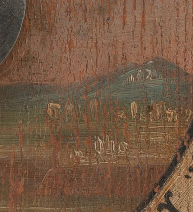 Zdjęcie nr 9: Zegar w kształcie stojącego prostokąta. W części centralnej okrągła tarcza z pejzażem oraz kołem pośrodku, ozdobionym kielichem z hostią, od którego odchodzą dwie fantazyjnie wycięte wskazówki. Wokół tarczy z pejzażem dwa okręgi, w pierwszym liczby od 1 do 31, w drugim, zewnętrznym – łacińskie nazwy miesięcy. W górnej części kompozycji biała banderola z napisem: „Renovatio Sanctissimi Sacramenti”. Poniżej, wpisany w koło na czerwonym tle monogram Chrystusa. Tło czarne.

