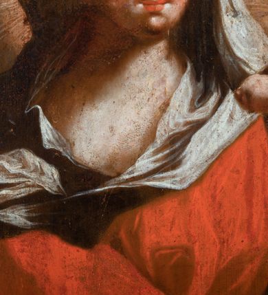 Zdjęcie nr 14: Obraz w kształcie stojącego prostokąta zwieńczonego łukiem wklęsło-wypukłym. Rama ażurowa z wici akantowej, zwieńczona główką anielską ze skrzydełkami. Obraz Matka Boska Szkaplerzna:  w kształcie stojącego prostokąta zamkniętego łukiem wklęsło-wypukłym. Pośrodku Matka Boska, ukazana w półpostaci, podtrzymująca stojące na obłoku Dzieciątko. Maria zwrócona en trois quarts w lewo, prawą ręką przytrzymuje stojące obok Dzieciątko. Twarz owalna o wysokim czole, wyraźne rysy wydobyte światłocieniem, rumiane policzki; duży nos, usta niewielkie, pełne. Włosy brązowe, falowane, z przedziałkiem na środku głowy, ukryte pod welonem. Ubrana w czerwoną suknię z długimi rękawami, przez ramiona przerzucony płaszcz z obfita partią drapowanej tkaniny przy prawym boku. Na głowie biały welon zarzucony na ramiona. Dzieciatko zwrócone en trois quarts w prawo, w kontrapoście, prawym łokciem opiera się ramię Matki, w lewej, wyciągniętej trzyma szkaplerz z literami: IHS. Twarz pełna o pucułowatych, rumianych policzkach, dużym czole, niewielkie oczy spoglądające w dół, zadarty nosek. Włosy krótkie, jasne, kręcone. Ciało o wydatnej muskulaturze, wydobytej światłocieniem. Przez biodra przewiązana biała pieluszka, ze zwisem tkaniny przy lewym boku. Postacie ukazane na tle kłębiastych, ciemnych chmur , rozświetlonych w górnej partii obrazu i u spodu Dzieciatka. Kolorystyka ciepła, nasycona. Plastyka wydobyta światłocieniem, o delikatnych przejściach tonalnych, ciała rozświetlone, laserunki. Obraz św. Michał Archanioł: W centrum obrazu całopostaciowe przedstawienie św. Michała Archanioła pokonującego szatana. Archanioł zwrócony en trois quarts w lewo, w dużym wykroku, w lewej ręce, przed piersią, dzierży tarczę, w prawej, uniesionej w górę, trzyma płomienisty miecz. Twarz owalna, z dużym czołem, oczy głęboko osadzone, mały nos, rumiane lica. Włosy krótkie, gęste, kręcone. Na głowie diadem. Ubrany w czerwoną, rozwianą u spodu tunikę, sięgającą kolan oraz zbroję torsową , bogato dekorowaną, z frędzlami. Postać otoczona rozwianym pasem niebieskiego, zawijającego się płaszcza. Na nogach wysokie sandały. Skrzydła duże, rozpostarte.