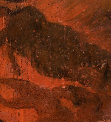 Zdjęcie nr 7: Obraz w kształcie stojącego prostokąta zwieńczonego łukiem wklęsło-wypukłym. Rama ażurowa z wici akantowej, zwieńczona główką anielską ze skrzydełkami. Obraz Matka Boska Szkaplerzna:  w kształcie stojącego prostokąta zamkniętego łukiem wklęsło-wypukłym. Pośrodku Matka Boska, ukazana w półpostaci, podtrzymująca stojące na obłoku Dzieciątko. Maria zwrócona en trois quarts w lewo, prawą ręką przytrzymuje stojące obok Dzieciątko. Twarz owalna o wysokim czole, wyraźne rysy wydobyte światłocieniem, rumiane policzki; duży nos, usta niewielkie, pełne. Włosy brązowe, falowane, z przedziałkiem na środku głowy, ukryte pod welonem. Ubrana w czerwoną suknię z długimi rękawami, przez ramiona przerzucony płaszcz z obfita partią drapowanej tkaniny przy prawym boku. Na głowie biały welon zarzucony na ramiona. Dzieciatko zwrócone en trois quarts w prawo, w kontrapoście, prawym łokciem opiera się ramię Matki, w lewej, wyciągniętej trzyma szkaplerz z literami: IHS. Twarz pełna o pucułowatych, rumianych policzkach, dużym czole, niewielkie oczy spoglądające w dół, zadarty nosek. Włosy krótkie, jasne, kręcone. Ciało o wydatnej muskulaturze, wydobytej światłocieniem. Przez biodra przewiązana biała pieluszka, ze zwisem tkaniny przy lewym boku. Postacie ukazane na tle kłębiastych, ciemnych chmur , rozświetlonych w górnej partii obrazu i u spodu Dzieciatka. Kolorystyka ciepła, nasycona. Plastyka wydobyta światłocieniem, o delikatnych przejściach tonalnych, ciała rozświetlone, laserunki. Obraz św. Michał Archanioł: W centrum obrazu całopostaciowe przedstawienie św. Michała Archanioła pokonującego szatana. Archanioł zwrócony en trois quarts w lewo, w dużym wykroku, w lewej ręce, przed piersią, dzierży tarczę, w prawej, uniesionej w górę, trzyma płomienisty miecz. Twarz owalna, z dużym czołem, oczy głęboko osadzone, mały nos, rumiane lica. Włosy krótkie, gęste, kręcone. Na głowie diadem. Ubrany w czerwoną, rozwianą u spodu tunikę, sięgającą kolan oraz zbroję torsową , bogato dekorowaną, z frędzlami. Postać otoczona rozwianym pasem niebieskiego, zawijającego się płaszcza. Na nogach wysokie sandały. Skrzydła duże, rozpostarte.