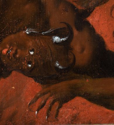 Zdjęcie nr 3: Obraz w kształcie stojącego prostokąta zwieńczonego łukiem wklęsło-wypukłym. Rama ażurowa z wici akantowej, zwieńczona główką anielską ze skrzydełkami. Obraz Matka Boska Szkaplerzna:  w kształcie stojącego prostokąta zamkniętego łukiem wklęsło-wypukłym. Pośrodku Matka Boska, ukazana w półpostaci, podtrzymująca stojące na obłoku Dzieciątko. Maria zwrócona en trois quarts w lewo, prawą ręką przytrzymuje stojące obok Dzieciątko. Twarz owalna o wysokim czole, wyraźne rysy wydobyte światłocieniem, rumiane policzki; duży nos, usta niewielkie, pełne. Włosy brązowe, falowane, z przedziałkiem na środku głowy, ukryte pod welonem. Ubrana w czerwoną suknię z długimi rękawami, przez ramiona przerzucony płaszcz z obfita partią drapowanej tkaniny przy prawym boku. Na głowie biały welon zarzucony na ramiona. Dzieciatko zwrócone en trois quarts w prawo, w kontrapoście, prawym łokciem opiera się ramię Matki, w lewej, wyciągniętej trzyma szkaplerz z literami: IHS. Twarz pełna o pucułowatych, rumianych policzkach, dużym czole, niewielkie oczy spoglądające w dół, zadarty nosek. Włosy krótkie, jasne, kręcone. Ciało o wydatnej muskulaturze, wydobytej światłocieniem. Przez biodra przewiązana biała pieluszka, ze zwisem tkaniny przy lewym boku. Postacie ukazane na tle kłębiastych, ciemnych chmur , rozświetlonych w górnej partii obrazu i u spodu Dzieciatka. Kolorystyka ciepła, nasycona. Plastyka wydobyta światłocieniem, o delikatnych przejściach tonalnych, ciała rozświetlone, laserunki. Obraz św. Michał Archanioł: W centrum obrazu całopostaciowe przedstawienie św. Michała Archanioła pokonującego szatana. Archanioł zwrócony en trois quarts w lewo, w dużym wykroku, w lewej ręce, przed piersią, dzierży tarczę, w prawej, uniesionej w górę, trzyma płomienisty miecz. Twarz owalna, z dużym czołem, oczy głęboko osadzone, mały nos, rumiane lica. Włosy krótkie, gęste, kręcone. Na głowie diadem. Ubrany w czerwoną, rozwianą u spodu tunikę, sięgającą kolan oraz zbroję torsową , bogato dekorowaną, z frędzlami. Postać otoczona rozwianym pasem niebieskiego, zawijającego się płaszcza. Na nogach wysokie sandały. Skrzydła duże, rozpostarte.