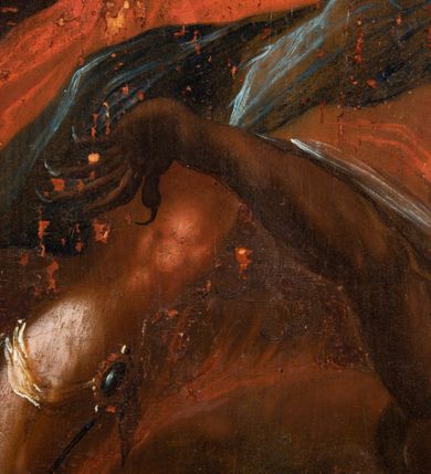 Zdjęcie nr 5: Obraz w kształcie stojącego prostokąta zwieńczonego łukiem wklęsło-wypukłym. Rama ażurowa z wici akantowej, zwieńczona główką anielską ze skrzydełkami. Obraz Matka Boska Szkaplerzna:  w kształcie stojącego prostokąta zamkniętego łukiem wklęsło-wypukłym. Pośrodku Matka Boska, ukazana w półpostaci, podtrzymująca stojące na obłoku Dzieciątko. Maria zwrócona en trois quarts w lewo, prawą ręką przytrzymuje stojące obok Dzieciątko. Twarz owalna o wysokim czole, wyraźne rysy wydobyte światłocieniem, rumiane policzki; duży nos, usta niewielkie, pełne. Włosy brązowe, falowane, z przedziałkiem na środku głowy, ukryte pod welonem. Ubrana w czerwoną suknię z długimi rękawami, przez ramiona przerzucony płaszcz z obfita partią drapowanej tkaniny przy prawym boku. Na głowie biały welon zarzucony na ramiona. Dzieciatko zwrócone en trois quarts w prawo, w kontrapoście, prawym łokciem opiera się ramię Matki, w lewej, wyciągniętej trzyma szkaplerz z literami: IHS. Twarz pełna o pucułowatych, rumianych policzkach, dużym czole, niewielkie oczy spoglądające w dół, zadarty nosek. Włosy krótkie, jasne, kręcone. Ciało o wydatnej muskulaturze, wydobytej światłocieniem. Przez biodra przewiązana biała pieluszka, ze zwisem tkaniny przy lewym boku. Postacie ukazane na tle kłębiastych, ciemnych chmur , rozświetlonych w górnej partii obrazu i u spodu Dzieciatka. Kolorystyka ciepła, nasycona. Plastyka wydobyta światłocieniem, o delikatnych przejściach tonalnych, ciała rozświetlone, laserunki. Obraz św. Michał Archanioł: W centrum obrazu całopostaciowe przedstawienie św. Michała Archanioła pokonującego szatana. Archanioł zwrócony en trois quarts w lewo, w dużym wykroku, w lewej ręce, przed piersią, dzierży tarczę, w prawej, uniesionej w górę, trzyma płomienisty miecz. Twarz owalna, z dużym czołem, oczy głęboko osadzone, mały nos, rumiane lica. Włosy krótkie, gęste, kręcone. Na głowie diadem. Ubrany w czerwoną, rozwianą u spodu tunikę, sięgającą kolan oraz zbroję torsową , bogato dekorowaną, z frędzlami. Postać otoczona rozwianym pasem niebieskiego, zawijającego się płaszcza. Na nogach wysokie sandały. Skrzydła duże, rozpostarte.