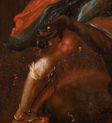 Zdjęcie nr 4: Obraz w kształcie stojącego prostokąta zwieńczonego łukiem wklęsło-wypukłym. Rama ażurowa z wici akantowej, zwieńczona główką anielską ze skrzydełkami. Obraz Matka Boska Szkaplerzna:  w kształcie stojącego prostokąta zamkniętego łukiem wklęsło-wypukłym. Pośrodku Matka Boska, ukazana w półpostaci, podtrzymująca stojące na obłoku Dzieciątko. Maria zwrócona en trois quarts w lewo, prawą ręką przytrzymuje stojące obok Dzieciątko. Twarz owalna o wysokim czole, wyraźne rysy wydobyte światłocieniem, rumiane policzki; duży nos, usta niewielkie, pełne. Włosy brązowe, falowane, z przedziałkiem na środku głowy, ukryte pod welonem. Ubrana w czerwoną suknię z długimi rękawami, przez ramiona przerzucony płaszcz z obfita partią drapowanej tkaniny przy prawym boku. Na głowie biały welon zarzucony na ramiona. Dzieciatko zwrócone en trois quarts w prawo, w kontrapoście, prawym łokciem opiera się ramię Matki, w lewej, wyciągniętej trzyma szkaplerz z literami: IHS. Twarz pełna o pucułowatych, rumianych policzkach, dużym czole, niewielkie oczy spoglądające w dół, zadarty nosek. Włosy krótkie, jasne, kręcone. Ciało o wydatnej muskulaturze, wydobytej światłocieniem. Przez biodra przewiązana biała pieluszka, ze zwisem tkaniny przy lewym boku. Postacie ukazane na tle kłębiastych, ciemnych chmur , rozświetlonych w górnej partii obrazu i u spodu Dzieciatka. Kolorystyka ciepła, nasycona. Plastyka wydobyta światłocieniem, o delikatnych przejściach tonalnych, ciała rozświetlone, laserunki. Obraz św. Michał Archanioł: W centrum obrazu całopostaciowe przedstawienie św. Michała Archanioła pokonującego szatana. Archanioł zwrócony en trois quarts w lewo, w dużym wykroku, w lewej ręce, przed piersią, dzierży tarczę, w prawej, uniesionej w górę, trzyma płomienisty miecz. Twarz owalna, z dużym czołem, oczy głęboko osadzone, mały nos, rumiane lica. Włosy krótkie, gęste, kręcone. Na głowie diadem. Ubrany w czerwoną, rozwianą u spodu tunikę, sięgającą kolan oraz zbroję torsową , bogato dekorowaną, z frędzlami. Postać otoczona rozwianym pasem niebieskiego, zawijającego się płaszcza. Na nogach wysokie sandały. Skrzydła duże, rozpostarte.