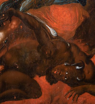 Zdjęcie nr 28: Obraz w kształcie stojącego prostokąta zwieńczonego łukiem wklęsło-wypukłym. Rama ażurowa z wici akantowej, zwieńczona główką anielską ze skrzydełkami. Obraz Matka Boska Szkaplerzna:  w kształcie stojącego prostokąta zamkniętego łukiem wklęsło-wypukłym. Pośrodku Matka Boska, ukazana w półpostaci, podtrzymująca stojące na obłoku Dzieciątko. Maria zwrócona en trois quarts w lewo, prawą ręką przytrzymuje stojące obok Dzieciątko. Twarz owalna o wysokim czole, wyraźne rysy wydobyte światłocieniem, rumiane policzki; duży nos, usta niewielkie, pełne. Włosy brązowe, falowane, z przedziałkiem na środku głowy, ukryte pod welonem. Ubrana w czerwoną suknię z długimi rękawami, przez ramiona przerzucony płaszcz z obfita partią drapowanej tkaniny przy prawym boku. Na głowie biały welon zarzucony na ramiona. Dzieciatko zwrócone en trois quarts w prawo, w kontrapoście, prawym łokciem opiera się ramię Matki, w lewej, wyciągniętej trzyma szkaplerz z literami: IHS. Twarz pełna o pucułowatych, rumianych policzkach, dużym czole, niewielkie oczy spoglądające w dół, zadarty nosek. Włosy krótkie, jasne, kręcone. Ciało o wydatnej muskulaturze, wydobytej światłocieniem. Przez biodra przewiązana biała pieluszka, ze zwisem tkaniny przy lewym boku. Postacie ukazane na tle kłębiastych, ciemnych chmur , rozświetlonych w górnej partii obrazu i u spodu Dzieciatka. Kolorystyka ciepła, nasycona. Plastyka wydobyta światłocieniem, o delikatnych przejściach tonalnych, ciała rozświetlone, laserunki. Obraz św. Michał Archanioł: W centrum obrazu całopostaciowe przedstawienie św. Michała Archanioła pokonującego szatana. Archanioł zwrócony en trois quarts w lewo, w dużym wykroku, w lewej ręce, przed piersią, dzierży tarczę, w prawej, uniesionej w górę, trzyma płomienisty miecz. Twarz owalna, z dużym czołem, oczy głęboko osadzone, mały nos, rumiane lica. Włosy krótkie, gęste, kręcone. Na głowie diadem. Ubrany w czerwoną, rozwianą u spodu tunikę, sięgającą kolan oraz zbroję torsową , bogato dekorowaną, z frędzlami. Postać otoczona rozwianym pasem niebieskiego, zawijającego się płaszcza. Na nogach wysokie sandały. Skrzydła duże, rozpostarte.