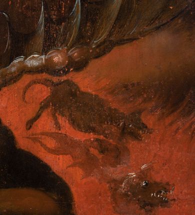 Zdjęcie nr 8: Obraz w kształcie stojącego prostokąta zwieńczonego łukiem wklęsło-wypukłym. Rama ażurowa z wici akantowej, zwieńczona główką anielską ze skrzydełkami. Obraz Matka Boska Szkaplerzna:  w kształcie stojącego prostokąta zamkniętego łukiem wklęsło-wypukłym. Pośrodku Matka Boska, ukazana w półpostaci, podtrzymująca stojące na obłoku Dzieciątko. Maria zwrócona en trois quarts w lewo, prawą ręką przytrzymuje stojące obok Dzieciątko. Twarz owalna o wysokim czole, wyraźne rysy wydobyte światłocieniem, rumiane policzki; duży nos, usta niewielkie, pełne. Włosy brązowe, falowane, z przedziałkiem na środku głowy, ukryte pod welonem. Ubrana w czerwoną suknię z długimi rękawami, przez ramiona przerzucony płaszcz z obfita partią drapowanej tkaniny przy prawym boku. Na głowie biały welon zarzucony na ramiona. Dzieciatko zwrócone en trois quarts w prawo, w kontrapoście, prawym łokciem opiera się ramię Matki, w lewej, wyciągniętej trzyma szkaplerz z literami: IHS. Twarz pełna o pucułowatych, rumianych policzkach, dużym czole, niewielkie oczy spoglądające w dół, zadarty nosek. Włosy krótkie, jasne, kręcone. Ciało o wydatnej muskulaturze, wydobytej światłocieniem. Przez biodra przewiązana biała pieluszka, ze zwisem tkaniny przy lewym boku. Postacie ukazane na tle kłębiastych, ciemnych chmur , rozświetlonych w górnej partii obrazu i u spodu Dzieciatka. Kolorystyka ciepła, nasycona. Plastyka wydobyta światłocieniem, o delikatnych przejściach tonalnych, ciała rozświetlone, laserunki. Obraz św. Michał Archanioł: W centrum obrazu całopostaciowe przedstawienie św. Michała Archanioła pokonującego szatana. Archanioł zwrócony en trois quarts w lewo, w dużym wykroku, w lewej ręce, przed piersią, dzierży tarczę, w prawej, uniesionej w górę, trzyma płomienisty miecz. Twarz owalna, z dużym czołem, oczy głęboko osadzone, mały nos, rumiane lica. Włosy krótkie, gęste, kręcone. Na głowie diadem. Ubrany w czerwoną, rozwianą u spodu tunikę, sięgającą kolan oraz zbroję torsową , bogato dekorowaną, z frędzlami. Postać otoczona rozwianym pasem niebieskiego, zawijającego się płaszcza. Na nogach wysokie sandały. Skrzydła duże, rozpostarte.