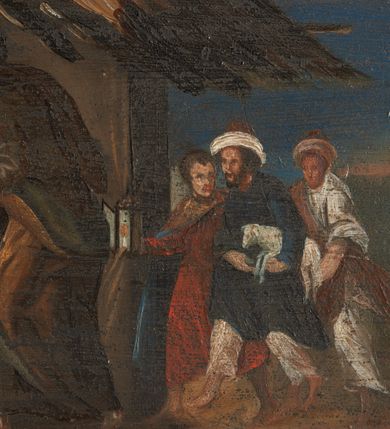 Zdjęcie nr 24: Prostokątny obraz umieszczony w predelli ołtarza, w płycinie w kształcie leżącego prostokąta z uszakami w narożach, ze sceną Bożego Narodzenia. Pośrodku żłobek z leżącym na białej tkaninie Dzieciątkiem Jezus. Po lewej stronie przyklękająca Matka Boska w ujęciu trzy czwarte, z opuszczonymi w dół, rozłożonymi rękami. Po prawej stronie żłobka stojący wykroku, ujęty w trzech czwartych św. Józef. Za żłobkiem widoczny wół i osioł, powyżej ich głów płonąca świeca. Postaci znajdują się w szopce. Po prawej stronie szopki postaci trzech króli/trzech pasterzy. Po lewej stronie szopki, w głębi, w partii pejzażu stanowiącego tło sceny, grupka pasterzy pasących trzodę, w górze postać anioła wśród obłoków. Po bokach obrazu para pól z motywami czerwonych kartuszy herbowych pośrodku; po prawej stronie godło krakowskich kanoników regularnych (?) oraz data: 1661. W polu po lewej stronie nieczytelny napis. Kolorystyka utrzymana w tonacji ciepłej, z przewagą brązów, ugrów, czerwieni, bieli, szarości barw.