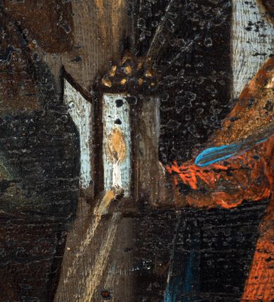 Zdjęcie nr 10: Prostokątny obraz umieszczony w predelli ołtarza, w płycinie w kształcie leżącego prostokąta z uszakami w narożach, ze sceną Bożego Narodzenia. Pośrodku żłobek z leżącym na białej tkaninie Dzieciątkiem Jezus. Po lewej stronie przyklękająca Matka Boska w ujęciu trzy czwarte, z opuszczonymi w dół, rozłożonymi rękami. Po prawej stronie żłobka stojący wykroku, ujęty w trzech czwartych św. Józef. Za żłobkiem widoczny wół i osioł, powyżej ich głów płonąca świeca. Postaci znajdują się w szopce. Po prawej stronie szopki postaci trzech króli/trzech pasterzy. Po lewej stronie szopki, w głębi, w partii pejzażu stanowiącego tło sceny, grupka pasterzy pasących trzodę, w górze postać anioła wśród obłoków. Po bokach obrazu para pól z motywami czerwonych kartuszy herbowych pośrodku; po prawej stronie godło krakowskich kanoników regularnych (?) oraz data: 1661. W polu po lewej stronie nieczytelny napis. Kolorystyka utrzymana w tonacji ciepłej, z przewagą brązów, ugrów, czerwieni, bieli, szarości barw.