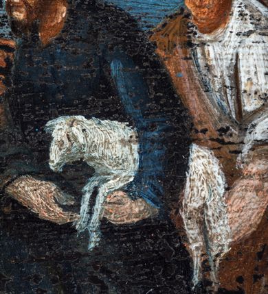 Zdjęcie nr 9: Prostokątny obraz umieszczony w predelli ołtarza, w płycinie w kształcie leżącego prostokąta z uszakami w narożach, ze sceną Bożego Narodzenia. Pośrodku żłobek z leżącym na białej tkaninie Dzieciątkiem Jezus. Po lewej stronie przyklękająca Matka Boska w ujęciu trzy czwarte, z opuszczonymi w dół, rozłożonymi rękami. Po prawej stronie żłobka stojący wykroku, ujęty w trzech czwartych św. Józef. Za żłobkiem widoczny wół i osioł, powyżej ich głów płonąca świeca. Postaci znajdują się w szopce. Po prawej stronie szopki postaci trzech króli/trzech pasterzy. Po lewej stronie szopki, w głębi, w partii pejzażu stanowiącego tło sceny, grupka pasterzy pasących trzodę, w górze postać anioła wśród obłoków. Po bokach obrazu para pól z motywami czerwonych kartuszy herbowych pośrodku; po prawej stronie godło krakowskich kanoników regularnych (?) oraz data: 1661. W polu po lewej stronie nieczytelny napis. Kolorystyka utrzymana w tonacji ciepłej, z przewagą brązów, ugrów, czerwieni, bieli, szarości barw.