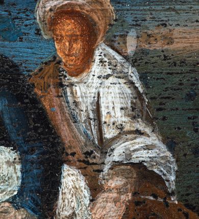 Zdjęcie nr 7: Prostokątny obraz umieszczony w predelli ołtarza, w płycinie w kształcie leżącego prostokąta z uszakami w narożach, ze sceną Bożego Narodzenia. Pośrodku żłobek z leżącym na białej tkaninie Dzieciątkiem Jezus. Po lewej stronie przyklękająca Matka Boska w ujęciu trzy czwarte, z opuszczonymi w dół, rozłożonymi rękami. Po prawej stronie żłobka stojący wykroku, ujęty w trzech czwartych św. Józef. Za żłobkiem widoczny wół i osioł, powyżej ich głów płonąca świeca. Postaci znajdują się w szopce. Po prawej stronie szopki postaci trzech króli/trzech pasterzy. Po lewej stronie szopki, w głębi, w partii pejzażu stanowiącego tło sceny, grupka pasterzy pasących trzodę, w górze postać anioła wśród obłoków. Po bokach obrazu para pól z motywami czerwonych kartuszy herbowych pośrodku; po prawej stronie godło krakowskich kanoników regularnych (?) oraz data: 1661. W polu po lewej stronie nieczytelny napis. Kolorystyka utrzymana w tonacji ciepłej, z przewagą brązów, ugrów, czerwieni, bieli, szarości barw.