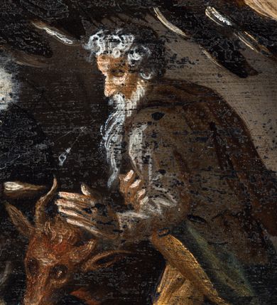 Zdjęcie nr 31: Prostokątny obraz umieszczony w predelli ołtarza, w płycinie w kształcie leżącego prostokąta z uszakami w narożach, ze sceną Bożego Narodzenia. Pośrodku żłobek z leżącym na białej tkaninie Dzieciątkiem Jezus. Po lewej stronie przyklękająca Matka Boska w ujęciu trzy czwarte, z opuszczonymi w dół, rozłożonymi rękami. Po prawej stronie żłobka stojący wykroku, ujęty w trzech czwartych św. Józef. Za żłobkiem widoczny wół i osioł, powyżej ich głów płonąca świeca. Postaci znajdują się w szopce. Po prawej stronie szopki postaci trzech króli/trzech pasterzy. Po lewej stronie szopki, w głębi, w partii pejzażu stanowiącego tło sceny, grupka pasterzy pasących trzodę, w górze postać anioła wśród obłoków. Po bokach obrazu para pól z motywami czerwonych kartuszy herbowych pośrodku; po prawej stronie godło krakowskich kanoników regularnych (?) oraz data: 1661. W polu po lewej stronie nieczytelny napis. Kolorystyka utrzymana w tonacji ciepłej, z przewagą brązów, ugrów, czerwieni, bieli, szarości barw.