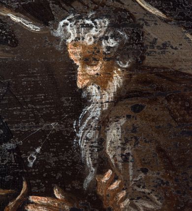 Zdjęcie nr 32: Prostokątny obraz umieszczony w predelli ołtarza, w płycinie w kształcie leżącego prostokąta z uszakami w narożach, ze sceną Bożego Narodzenia. Pośrodku żłobek z leżącym na białej tkaninie Dzieciątkiem Jezus. Po lewej stronie przyklękająca Matka Boska w ujęciu trzy czwarte, z opuszczonymi w dół, rozłożonymi rękami. Po prawej stronie żłobka stojący wykroku, ujęty w trzech czwartych św. Józef. Za żłobkiem widoczny wół i osioł, powyżej ich głów płonąca świeca. Postaci znajdują się w szopce. Po prawej stronie szopki postaci trzech króli/trzech pasterzy. Po lewej stronie szopki, w głębi, w partii pejzażu stanowiącego tło sceny, grupka pasterzy pasących trzodę, w górze postać anioła wśród obłoków. Po bokach obrazu para pól z motywami czerwonych kartuszy herbowych pośrodku; po prawej stronie godło krakowskich kanoników regularnych (?) oraz data: 1661. W polu po lewej stronie nieczytelny napis. Kolorystyka utrzymana w tonacji ciepłej, z przewagą brązów, ugrów, czerwieni, bieli, szarości barw.