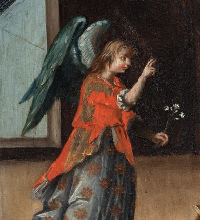 Zdjęcie nr 26: Nastawa ołtarzowa architektoniczna, jednoosiowa, jednokondygnacyjna, z wydzieloną predellą i zwieńczeniem, na cokole. Ołtarz kamienny z narzutem z tynku, sarkofagowy, wklęsło-wypukły. Mensa drewniana z portatylem z marmuru dębnickiego.Predella dekorowana płyciną w formie wydłużonego prostokąta z uszakami z malowanym przedstawieniem Bożego Narodzenia. Nastawa ujęta parą kolumn o kapitelach korynckich podtrzymujących pełne belkowanie belkowanie i gzyms, w części środkowej wyłamane ku górze trójbocznie. W polu środkowym nisza w formie stojącego prostokąta z uszakami, ujęta prostą ramą, wewnątrz gotycka szafa z figurą Matki Boskiej z Dzieciątkiem i czterech świętych dziewic. Na belkowaniu, w osi podpór figury św. Stanisława i św. Marcina (?). W zwieńczeniu ośmioboczny obraz z przedstawieniem Zwiastowania, w prostej ramie oraz bogatym obramieniu z ażurowych motywów ornamentu małżowinowo-chrząstkowego; u szczytu główka aniołka ze skrzydłami. Nastawa flankowana uszami utworzonymi z motywów ornamentu małżowinowo-chrząstkowego. W polu ponad niszą z obrazem rzeźbiona półpostać Boga Ojca. Gzyms u spodu dekorowany ornamentem małżowinowo-chrząstkowym. Struktura polichromowana na czarno, kapitele kolumn i część ornamentów srebrzone, pozostałe motywy ornamentalne złocone.