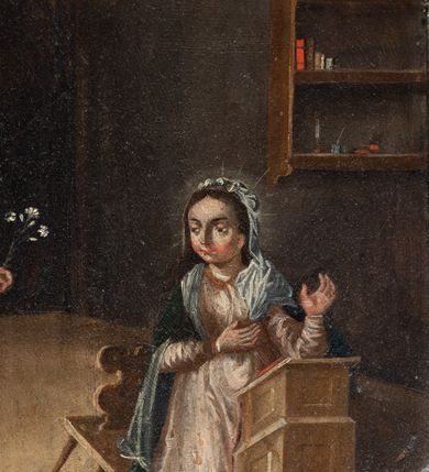 Zdjęcie nr 27: Nastawa ołtarzowa architektoniczna, jednoosiowa, jednokondygnacyjna, z wydzieloną predellą i zwieńczeniem, na cokole. Ołtarz kamienny z narzutem z tynku, sarkofagowy, wklęsło-wypukły. Mensa drewniana z portatylem z marmuru dębnickiego.Predella dekorowana płyciną w formie wydłużonego prostokąta z uszakami z malowanym przedstawieniem Bożego Narodzenia. Nastawa ujęta parą kolumn o kapitelach korynckich podtrzymujących pełne belkowanie belkowanie i gzyms, w części środkowej wyłamane ku górze trójbocznie. W polu środkowym nisza w formie stojącego prostokąta z uszakami, ujęta prostą ramą, wewnątrz gotycka szafa z figurą Matki Boskiej z Dzieciątkiem i czterech świętych dziewic. Na belkowaniu, w osi podpór figury św. Stanisława i św. Marcina (?). W zwieńczeniu ośmioboczny obraz z przedstawieniem Zwiastowania, w prostej ramie oraz bogatym obramieniu z ażurowych motywów ornamentu małżowinowo-chrząstkowego; u szczytu główka aniołka ze skrzydłami. Nastawa flankowana uszami utworzonymi z motywów ornamentu małżowinowo-chrząstkowego. W polu ponad niszą z obrazem rzeźbiona półpostać Boga Ojca. Gzyms u spodu dekorowany ornamentem małżowinowo-chrząstkowym. Struktura polichromowana na czarno, kapitele kolumn i część ornamentów srebrzone, pozostałe motywy ornamentalne złocone.