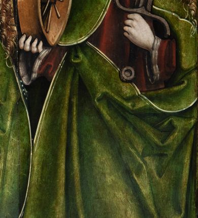 Zdjęcie nr 43: Obraz środkowy w kształcie stojącego prostokąta z przedstawieniem Matki Boskiej z Dzieciątkiem oraz św. Michała Archanioła i św. Katarzyny Aleksandryjskiej, ukazanych całopostaciowo, frontalnie, w typie Sacra Conversatione. Skrzydła dwustronnie malowane, dwustrefowe. Na awersach – skrzydło lewe: św. Jan Ewangelista, św. Stanisław; skrzydło prawe: św. Jan Chrzciciel, św. Mikołaj. Na rewersach – skrzydło lewe: Chrystus w Ogrojcu, Ecce Homo; skrzydło prawe: Biczowanie, Upadek pod krzyżem. W zwieńczeniu Ukrzyżowanie.