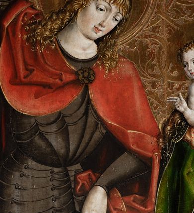 Zdjęcie nr 14: Obraz środkowy w kształcie stojącego prostokąta z przedstawieniem Matki Boskiej z Dzieciątkiem oraz św. Michała Archanioła i św. Katarzyny Aleksandryjskiej, ukazanych całopostaciowo, frontalnie, w typie Sacra Conversatione. Skrzydła dwustronnie malowane, dwustrefowe. Na awersach – skrzydło lewe: św. Jan Ewangelista, św. Stanisław; skrzydło prawe: św. Jan Chrzciciel, św. Mikołaj. Na rewersach – skrzydło lewe: Chrystus w Ogrojcu, Ecce Homo; skrzydło prawe: Biczowanie, Upadek pod krzyżem. W zwieńczeniu Ukrzyżowanie.