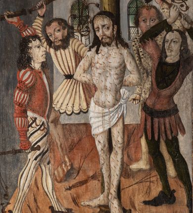 Zdjęcie nr 53: Obraz środkowy w kształcie stojącego prostokąta z przedstawieniem Matki Boskiej z Dzieciątkiem oraz św. Michała Archanioła i św. Katarzyny Aleksandryjskiej, ukazanych całopostaciowo, frontalnie, w typie Sacra Conversatione. Skrzydła dwustronnie malowane, dwustrefowe. Na awersach – skrzydło lewe: św. Jan Ewangelista, św. Stanisław; skrzydło prawe: św. Jan Chrzciciel, św. Mikołaj. Na rewersach – skrzydło lewe: Chrystus w Ogrojcu, Ecce Homo; skrzydło prawe: Biczowanie, Upadek pod krzyżem. W zwieńczeniu Ukrzyżowanie.