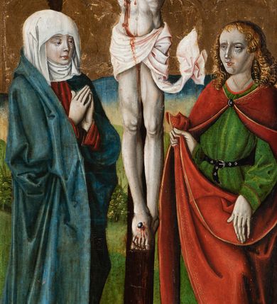 Zdjęcie nr 44: Obraz środkowy w kształcie stojącego prostokąta z przedstawieniem Matki Boskiej z Dzieciątkiem oraz św. Michała Archanioła i św. Katarzyny Aleksandryjskiej, ukazanych całopostaciowo, frontalnie, w typie Sacra Conversatione. Skrzydła dwustronnie malowane, dwustrefowe. Na awersach – skrzydło lewe: św. Jan Ewangelista, św. Stanisław; skrzydło prawe: św. Jan Chrzciciel, św. Mikołaj. Na rewersach – skrzydło lewe: Chrystus w Ogrojcu, Ecce Homo; skrzydło prawe: Biczowanie, Upadek pod krzyżem. W zwieńczeniu Ukrzyżowanie.