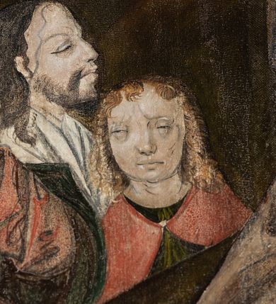 Zdjęcie nr 52: Obraz środkowy w kształcie stojącego prostokąta z przedstawieniem Matki Boskiej z Dzieciątkiem oraz św. Michała Archanioła i św. Katarzyny Aleksandryjskiej, ukazanych całopostaciowo, frontalnie, w typie Sacra Conversatione. Skrzydła dwustronnie malowane, dwustrefowe. Na awersach – skrzydło lewe: św. Jan Ewangelista, św. Stanisław; skrzydło prawe: św. Jan Chrzciciel, św. Mikołaj. Na rewersach – skrzydło lewe: Chrystus w Ogrojcu, Ecce Homo; skrzydło prawe: Biczowanie, Upadek pod krzyżem. W zwieńczeniu Ukrzyżowanie.