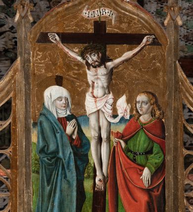 Zdjęcie nr 41: Obraz środkowy w kształcie stojącego prostokąta z przedstawieniem Matki Boskiej z Dzieciątkiem oraz św. Michała Archanioła i św. Katarzyny Aleksandryjskiej, ukazanych całopostaciowo, frontalnie, w typie Sacra Conversatione. Skrzydła dwustronnie malowane, dwustrefowe. Na awersach – skrzydło lewe: św. Jan Ewangelista, św. Stanisław; skrzydło prawe: św. Jan Chrzciciel, św. Mikołaj. Na rewersach – skrzydło lewe: Chrystus w Ogrojcu, Ecce Homo; skrzydło prawe: Biczowanie, Upadek pod krzyżem. W zwieńczeniu Ukrzyżowanie.