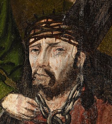 Zdjęcie nr 70: Obraz środkowy w kształcie stojącego prostokąta z przedstawieniem Matki Boskiej z Dzieciątkiem oraz św. Michała Archanioła i św. Katarzyny Aleksandryjskiej, ukazanych całopostaciowo, frontalnie, w typie Sacra Conversatione. Skrzydła dwustronnie malowane, dwustrefowe. Na awersach – skrzydło lewe: św. Jan Ewangelista, św. Stanisław; skrzydło prawe: św. Jan Chrzciciel, św. Mikołaj. Na rewersach – skrzydło lewe: Chrystus w Ogrojcu, Ecce Homo; skrzydło prawe: Biczowanie, Upadek pod krzyżem. W zwieńczeniu Ukrzyżowanie.