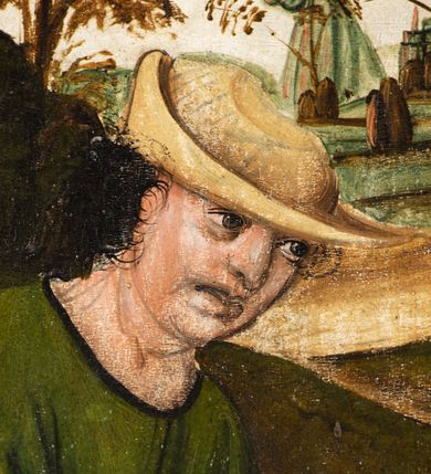 Zdjęcie nr 74: Obraz środkowy w kształcie stojącego prostokąta z przedstawieniem Matki Boskiej z Dzieciątkiem oraz św. Michała Archanioła i św. Katarzyny Aleksandryjskiej, ukazanych całopostaciowo, frontalnie, w typie Sacra Conversatione. Skrzydła dwustronnie malowane, dwustrefowe. Na awersach – skrzydło lewe: św. Jan Ewangelista, św. Stanisław; skrzydło prawe: św. Jan Chrzciciel, św. Mikołaj. Na rewersach – skrzydło lewe: Chrystus w Ogrojcu, Ecce Homo; skrzydło prawe: Biczowanie, Upadek pod krzyżem. W zwieńczeniu Ukrzyżowanie.