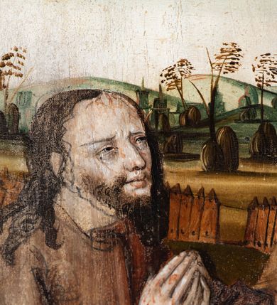 Zdjęcie nr 50: Obraz środkowy w kształcie stojącego prostokąta z przedstawieniem Matki Boskiej z Dzieciątkiem oraz św. Michała Archanioła i św. Katarzyny Aleksandryjskiej, ukazanych całopostaciowo, frontalnie, w typie Sacra Conversatione. Skrzydła dwustronnie malowane, dwustrefowe. Na awersach – skrzydło lewe: św. Jan Ewangelista, św. Stanisław; skrzydło prawe: św. Jan Chrzciciel, św. Mikołaj. Na rewersach – skrzydło lewe: Chrystus w Ogrojcu, Ecce Homo; skrzydło prawe: Biczowanie, Upadek pod krzyżem. W zwieńczeniu Ukrzyżowanie.