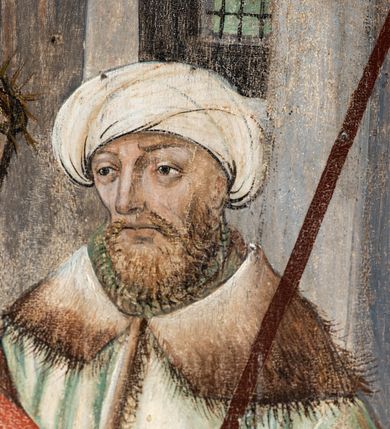 Zdjęcie nr 66: Obraz środkowy w kształcie stojącego prostokąta z przedstawieniem Matki Boskiej z Dzieciątkiem oraz św. Michała Archanioła i św. Katarzyny Aleksandryjskiej, ukazanych całopostaciowo, frontalnie, w typie Sacra Conversatione. Skrzydła dwustronnie malowane, dwustrefowe. Na awersach – skrzydło lewe: św. Jan Ewangelista, św. Stanisław; skrzydło prawe: św. Jan Chrzciciel, św. Mikołaj. Na rewersach – skrzydło lewe: Chrystus w Ogrojcu, Ecce Homo; skrzydło prawe: Biczowanie, Upadek pod krzyżem. W zwieńczeniu Ukrzyżowanie.