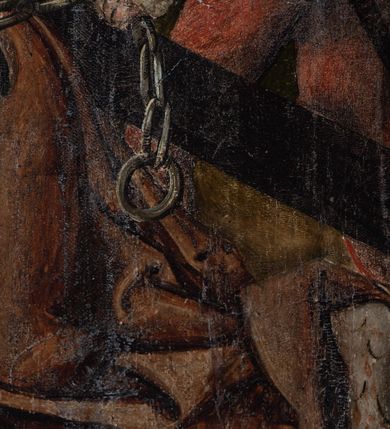 Zdjęcie nr 71: Obraz środkowy w kształcie stojącego prostokąta z przedstawieniem Matki Boskiej z Dzieciątkiem oraz św. Michała Archanioła i św. Katarzyny Aleksandryjskiej, ukazanych całopostaciowo, frontalnie, w typie Sacra Conversatione. Skrzydła dwustronnie malowane, dwustrefowe. Na awersach – skrzydło lewe: św. Jan Ewangelista, św. Stanisław; skrzydło prawe: św. Jan Chrzciciel, św. Mikołaj. Na rewersach – skrzydło lewe: Chrystus w Ogrojcu, Ecce Homo; skrzydło prawe: Biczowanie, Upadek pod krzyżem. W zwieńczeniu Ukrzyżowanie.