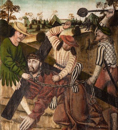 Zdjęcie nr 67: Obraz środkowy w kształcie stojącego prostokąta z przedstawieniem Matki Boskiej z Dzieciątkiem oraz św. Michała Archanioła i św. Katarzyny Aleksandryjskiej, ukazanych całopostaciowo, frontalnie, w typie Sacra Conversatione. Skrzydła dwustronnie malowane, dwustrefowe. Na awersach – skrzydło lewe: św. Jan Ewangelista, św. Stanisław; skrzydło prawe: św. Jan Chrzciciel, św. Mikołaj. Na rewersach – skrzydło lewe: Chrystus w Ogrojcu, Ecce Homo; skrzydło prawe: Biczowanie, Upadek pod krzyżem. W zwieńczeniu Ukrzyżowanie.