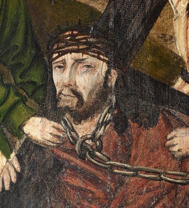 Zdjęcie nr 69: Obraz środkowy w kształcie stojącego prostokąta z przedstawieniem Matki Boskiej z Dzieciątkiem oraz św. Michała Archanioła i św. Katarzyny Aleksandryjskiej, ukazanych całopostaciowo, frontalnie, w typie Sacra Conversatione. Skrzydła dwustronnie malowane, dwustrefowe. Na awersach – skrzydło lewe: św. Jan Ewangelista, św. Stanisław; skrzydło prawe: św. Jan Chrzciciel, św. Mikołaj. Na rewersach – skrzydło lewe: Chrystus w Ogrojcu, Ecce Homo; skrzydło prawe: Biczowanie, Upadek pod krzyżem. W zwieńczeniu Ukrzyżowanie.