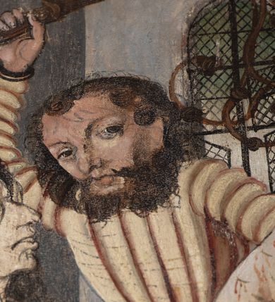 Zdjęcie nr 58: Obraz środkowy w kształcie stojącego prostokąta z przedstawieniem Matki Boskiej z Dzieciątkiem oraz św. Michała Archanioła i św. Katarzyny Aleksandryjskiej, ukazanych całopostaciowo, frontalnie, w typie Sacra Conversatione. Skrzydła dwustronnie malowane, dwustrefowe. Na awersach – skrzydło lewe: św. Jan Ewangelista, św. Stanisław; skrzydło prawe: św. Jan Chrzciciel, św. Mikołaj. Na rewersach – skrzydło lewe: Chrystus w Ogrojcu, Ecce Homo; skrzydło prawe: Biczowanie, Upadek pod krzyżem. W zwieńczeniu Ukrzyżowanie.