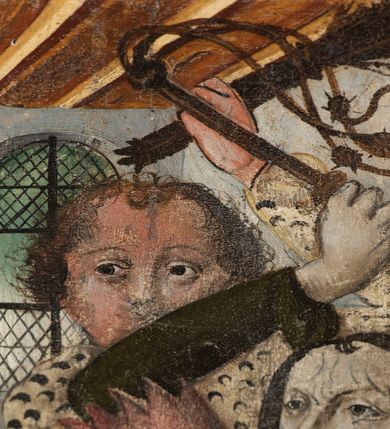 Zdjęcie nr 60: Obraz środkowy w kształcie stojącego prostokąta z przedstawieniem Matki Boskiej z Dzieciątkiem oraz św. Michała Archanioła i św. Katarzyny Aleksandryjskiej, ukazanych całopostaciowo, frontalnie, w typie Sacra Conversatione. Skrzydła dwustronnie malowane, dwustrefowe. Na awersach – skrzydło lewe: św. Jan Ewangelista, św. Stanisław; skrzydło prawe: św. Jan Chrzciciel, św. Mikołaj. Na rewersach – skrzydło lewe: Chrystus w Ogrojcu, Ecce Homo; skrzydło prawe: Biczowanie, Upadek pod krzyżem. W zwieńczeniu Ukrzyżowanie.