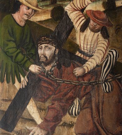 Zdjęcie nr 68: Obraz środkowy w kształcie stojącego prostokąta z przedstawieniem Matki Boskiej z Dzieciątkiem oraz św. Michała Archanioła i św. Katarzyny Aleksandryjskiej, ukazanych całopostaciowo, frontalnie, w typie Sacra Conversatione. Skrzydła dwustronnie malowane, dwustrefowe. Na awersach – skrzydło lewe: św. Jan Ewangelista, św. Stanisław; skrzydło prawe: św. Jan Chrzciciel, św. Mikołaj. Na rewersach – skrzydło lewe: Chrystus w Ogrojcu, Ecce Homo; skrzydło prawe: Biczowanie, Upadek pod krzyżem. W zwieńczeniu Ukrzyżowanie.