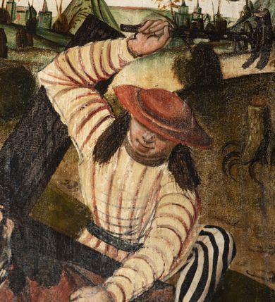 Zdjęcie nr 75: Obraz środkowy w kształcie stojącego prostokąta z przedstawieniem Matki Boskiej z Dzieciątkiem oraz św. Michała Archanioła i św. Katarzyny Aleksandryjskiej, ukazanych całopostaciowo, frontalnie, w typie Sacra Conversatione. Skrzydła dwustronnie malowane, dwustrefowe. Na awersach – skrzydło lewe: św. Jan Ewangelista, św. Stanisław; skrzydło prawe: św. Jan Chrzciciel, św. Mikołaj. Na rewersach – skrzydło lewe: Chrystus w Ogrojcu, Ecce Homo; skrzydło prawe: Biczowanie, Upadek pod krzyżem. W zwieńczeniu Ukrzyżowanie.