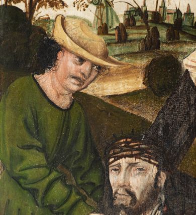 Zdjęcie nr 76: Obraz środkowy w kształcie stojącego prostokąta z przedstawieniem Matki Boskiej z Dzieciątkiem oraz św. Michała Archanioła i św. Katarzyny Aleksandryjskiej, ukazanych całopostaciowo, frontalnie, w typie Sacra Conversatione. Skrzydła dwustronnie malowane, dwustrefowe. Na awersach – skrzydło lewe: św. Jan Ewangelista, św. Stanisław; skrzydło prawe: św. Jan Chrzciciel, św. Mikołaj. Na rewersach – skrzydło lewe: Chrystus w Ogrojcu, Ecce Homo; skrzydło prawe: Biczowanie, Upadek pod krzyżem. W zwieńczeniu Ukrzyżowanie.