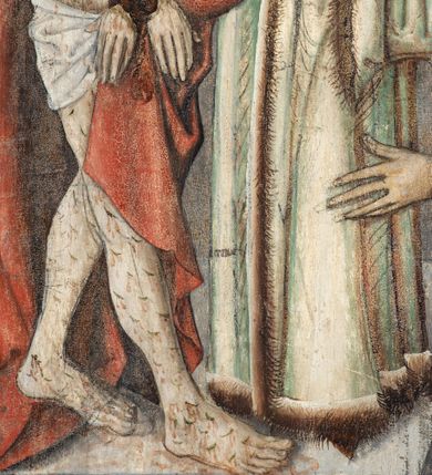 Zdjęcie nr 64: Obraz środkowy w kształcie stojącego prostokąta z przedstawieniem Matki Boskiej z Dzieciątkiem oraz św. Michała Archanioła i św. Katarzyny Aleksandryjskiej, ukazanych całopostaciowo, frontalnie, w typie Sacra Conversatione. Skrzydła dwustronnie malowane, dwustrefowe. Na awersach – skrzydło lewe: św. Jan Ewangelista, św. Stanisław; skrzydło prawe: św. Jan Chrzciciel, św. Mikołaj. Na rewersach – skrzydło lewe: Chrystus w Ogrojcu, Ecce Homo; skrzydło prawe: Biczowanie, Upadek pod krzyżem. W zwieńczeniu Ukrzyżowanie.