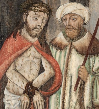 Zdjęcie nr 63: Obraz środkowy w kształcie stojącego prostokąta z przedstawieniem Matki Boskiej z Dzieciątkiem oraz św. Michała Archanioła i św. Katarzyny Aleksandryjskiej, ukazanych całopostaciowo, frontalnie, w typie Sacra Conversatione. Skrzydła dwustronnie malowane, dwustrefowe. Na awersach – skrzydło lewe: św. Jan Ewangelista, św. Stanisław; skrzydło prawe: św. Jan Chrzciciel, św. Mikołaj. Na rewersach – skrzydło lewe: Chrystus w Ogrojcu, Ecce Homo; skrzydło prawe: Biczowanie, Upadek pod krzyżem. W zwieńczeniu Ukrzyżowanie.