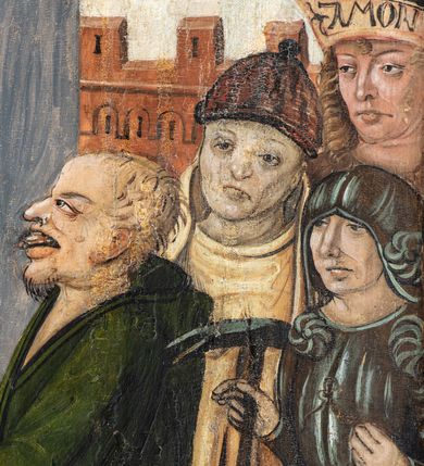 Zdjęcie nr 78: Obraz środkowy w kształcie stojącego prostokąta z przedstawieniem Matki Boskiej z Dzieciątkiem oraz św. Michała Archanioła i św. Katarzyny Aleksandryjskiej, ukazanych całopostaciowo, frontalnie, w typie Sacra Conversatione. Skrzydła dwustronnie malowane, dwustrefowe. Na awersach – skrzydło lewe: św. Jan Ewangelista, św. Stanisław; skrzydło prawe: św. Jan Chrzciciel, św. Mikołaj. Na rewersach – skrzydło lewe: Chrystus w Ogrojcu, Ecce Homo; skrzydło prawe: Biczowanie, Upadek pod krzyżem. W zwieńczeniu Ukrzyżowanie.