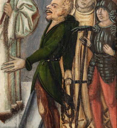 Zdjęcie nr 77: Obraz środkowy w kształcie stojącego prostokąta z przedstawieniem Matki Boskiej z Dzieciątkiem oraz św. Michała Archanioła i św. Katarzyny Aleksandryjskiej, ukazanych całopostaciowo, frontalnie, w typie Sacra Conversatione. Skrzydła dwustronnie malowane, dwustrefowe. Na awersach – skrzydło lewe: św. Jan Ewangelista, św. Stanisław; skrzydło prawe: św. Jan Chrzciciel, św. Mikołaj. Na rewersach – skrzydło lewe: Chrystus w Ogrojcu, Ecce Homo; skrzydło prawe: Biczowanie, Upadek pod krzyżem. W zwieńczeniu Ukrzyżowanie.