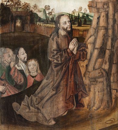 Zdjęcie nr 48: Obraz środkowy w kształcie stojącego prostokąta z przedstawieniem Matki Boskiej z Dzieciątkiem oraz św. Michała Archanioła i św. Katarzyny Aleksandryjskiej, ukazanych całopostaciowo, frontalnie, w typie Sacra Conversatione. Skrzydła dwustronnie malowane, dwustrefowe. Na awersach – skrzydło lewe: św. Jan Ewangelista, św. Stanisław; skrzydło prawe: św. Jan Chrzciciel, św. Mikołaj. Na rewersach – skrzydło lewe: Chrystus w Ogrojcu, Ecce Homo; skrzydło prawe: Biczowanie, Upadek pod krzyżem. W zwieńczeniu Ukrzyżowanie.