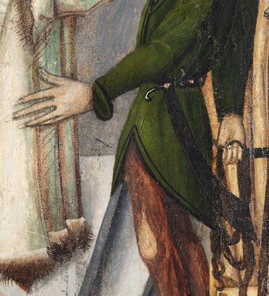 Zdjęcie nr 79: Obraz środkowy w kształcie stojącego prostokąta z przedstawieniem Matki Boskiej z Dzieciątkiem oraz św. Michała Archanioła i św. Katarzyny Aleksandryjskiej, ukazanych całopostaciowo, frontalnie, w typie Sacra Conversatione. Skrzydła dwustronnie malowane, dwustrefowe. Na awersach – skrzydło lewe: św. Jan Ewangelista, św. Stanisław; skrzydło prawe: św. Jan Chrzciciel, św. Mikołaj. Na rewersach – skrzydło lewe: Chrystus w Ogrojcu, Ecce Homo; skrzydło prawe: Biczowanie, Upadek pod krzyżem. W zwieńczeniu Ukrzyżowanie.