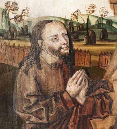 Zdjęcie nr 49: Obraz środkowy w kształcie stojącego prostokąta z przedstawieniem Matki Boskiej z Dzieciątkiem oraz św. Michała Archanioła i św. Katarzyny Aleksandryjskiej, ukazanych całopostaciowo, frontalnie, w typie Sacra Conversatione. Skrzydła dwustronnie malowane, dwustrefowe. Na awersach – skrzydło lewe: św. Jan Ewangelista, św. Stanisław; skrzydło prawe: św. Jan Chrzciciel, św. Mikołaj. Na rewersach – skrzydło lewe: Chrystus w Ogrojcu, Ecce Homo; skrzydło prawe: Biczowanie, Upadek pod krzyżem. W zwieńczeniu Ukrzyżowanie.