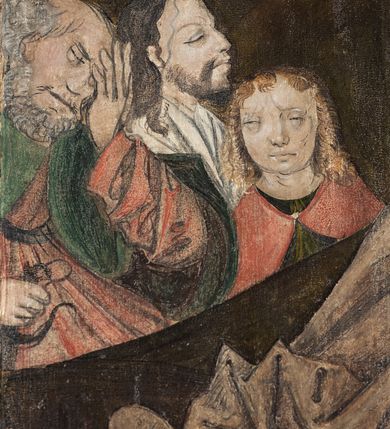 Zdjęcie nr 51: Obraz środkowy w kształcie stojącego prostokąta z przedstawieniem Matki Boskiej z Dzieciątkiem oraz św. Michała Archanioła i św. Katarzyny Aleksandryjskiej, ukazanych całopostaciowo, frontalnie, w typie Sacra Conversatione. Skrzydła dwustronnie malowane, dwustrefowe. Na awersach – skrzydło lewe: św. Jan Ewangelista, św. Stanisław; skrzydło prawe: św. Jan Chrzciciel, św. Mikołaj. Na rewersach – skrzydło lewe: Chrystus w Ogrojcu, Ecce Homo; skrzydło prawe: Biczowanie, Upadek pod krzyżem. W zwieńczeniu Ukrzyżowanie.