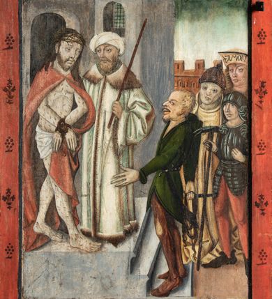 Zdjęcie nr 61: Obraz środkowy w kształcie stojącego prostokąta z przedstawieniem Matki Boskiej z Dzieciątkiem oraz św. Michała Archanioła i św. Katarzyny Aleksandryjskiej, ukazanych całopostaciowo, frontalnie, w typie Sacra Conversatione. Skrzydła dwustronnie malowane, dwustrefowe. Na awersach – skrzydło lewe: św. Jan Ewangelista, św. Stanisław; skrzydło prawe: św. Jan Chrzciciel, św. Mikołaj. Na rewersach – skrzydło lewe: Chrystus w Ogrojcu, Ecce Homo; skrzydło prawe: Biczowanie, Upadek pod krzyżem. W zwieńczeniu Ukrzyżowanie.