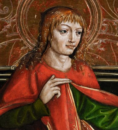 Zdjęcie nr 24: Obraz środkowy w kształcie stojącego prostokąta z przedstawieniem Matki Boskiej z Dzieciątkiem oraz św. Michała Archanioła i św. Katarzyny Aleksandryjskiej, ukazanych całopostaciowo, frontalnie, w typie Sacra Conversatione. Skrzydła dwustronnie malowane, dwustrefowe. Na awersach – skrzydło lewe: św. Jan Ewangelista, św. Stanisław; skrzydło prawe: św. Jan Chrzciciel, św. Mikołaj. Na rewersach – skrzydło lewe: Chrystus w Ogrojcu, Ecce Homo; skrzydło prawe: Biczowanie, Upadek pod krzyżem. W zwieńczeniu Ukrzyżowanie.